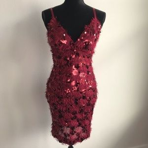 Burgundy Tassel Fringe Sequin Strap Mini Dress
